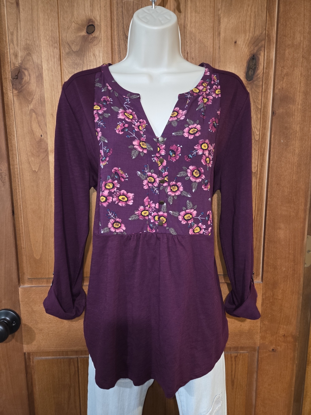 St. John's Bay Plum Floral Yoke Long Sleeve Tunic